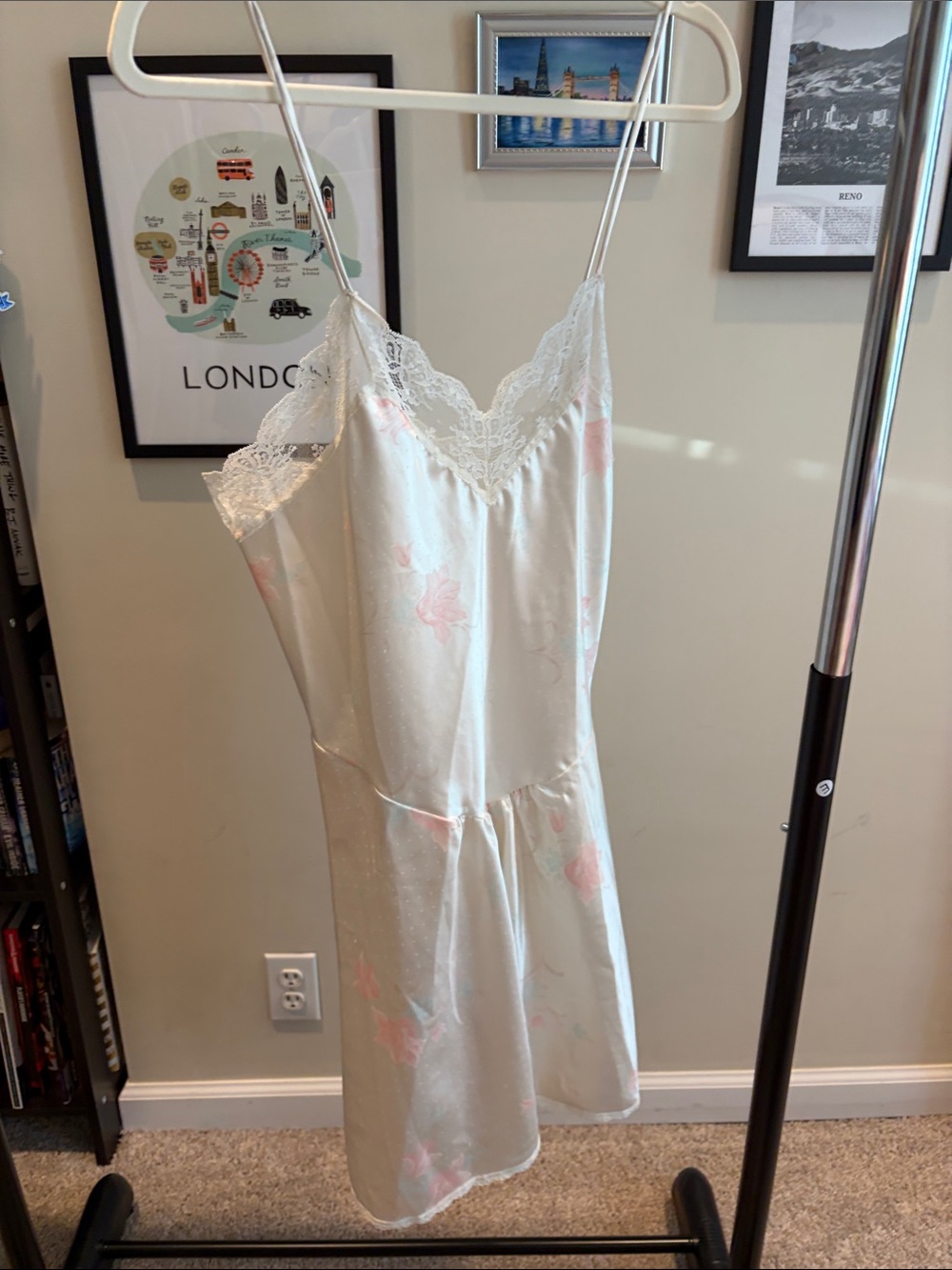 Lace-Trim Floral Slip Dress - Cream with Pink Accents